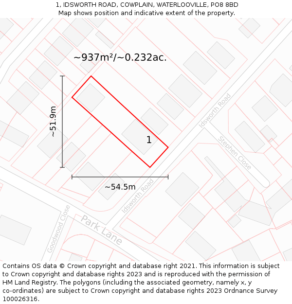 1, IDSWORTH ROAD, COWPLAIN, WATERLOOVILLE, PO8 8BD: Plot and title map