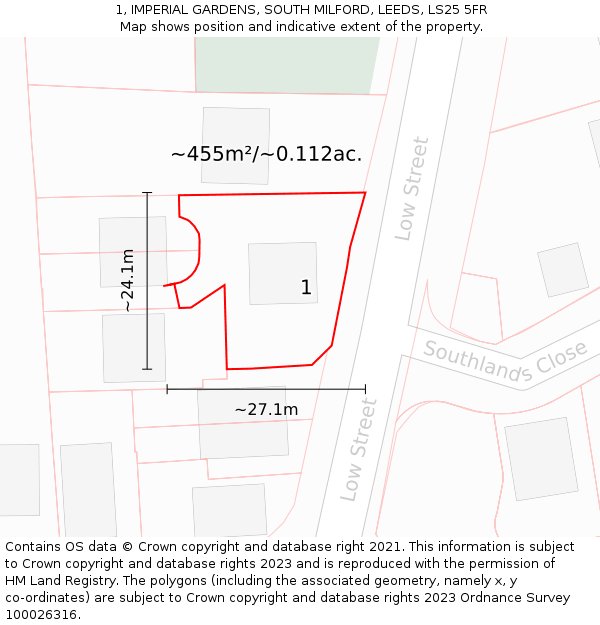 1, IMPERIAL GARDENS, SOUTH MILFORD, LEEDS, LS25 5FR: Plot and title map