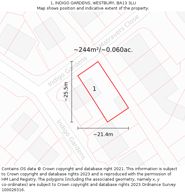 1, INDIGO GARDENS, WESTBURY, BA13 3LU: Plot and title map