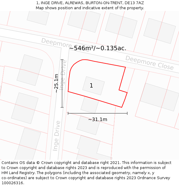 1, INGE DRIVE, ALREWAS, BURTON-ON-TRENT, DE13 7AZ: Plot and title map