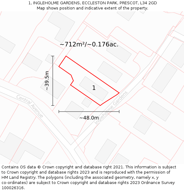 1, INGLEHOLME GARDENS, ECCLESTON PARK, PRESCOT, L34 2GD: Plot and title map