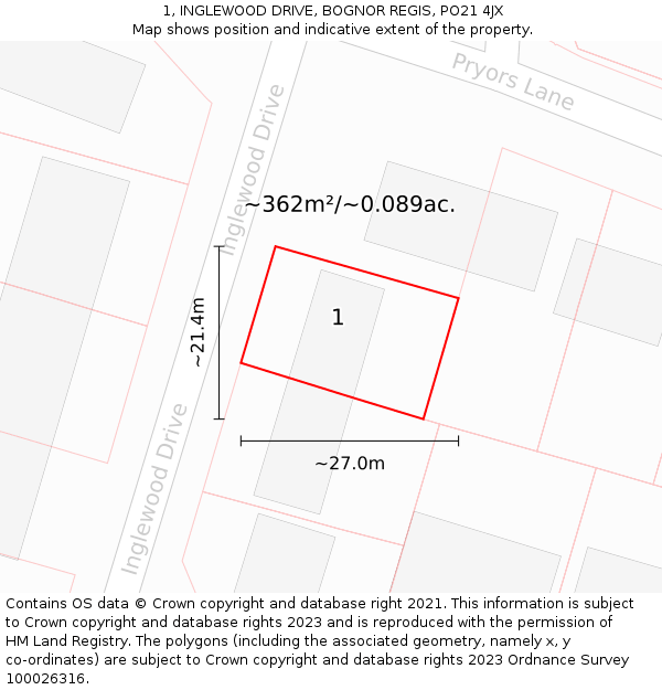 1, INGLEWOOD DRIVE, BOGNOR REGIS, PO21 4JX: Plot and title map