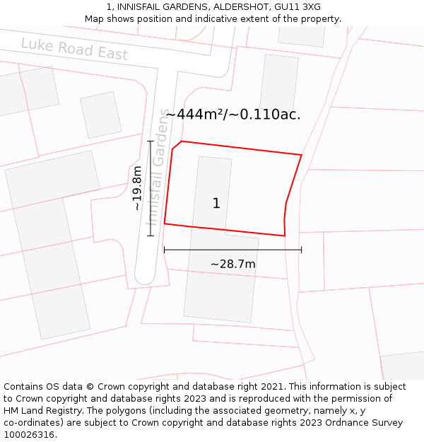 1, INNISFAIL GARDENS, ALDERSHOT, GU11 3XG: Plot and title map