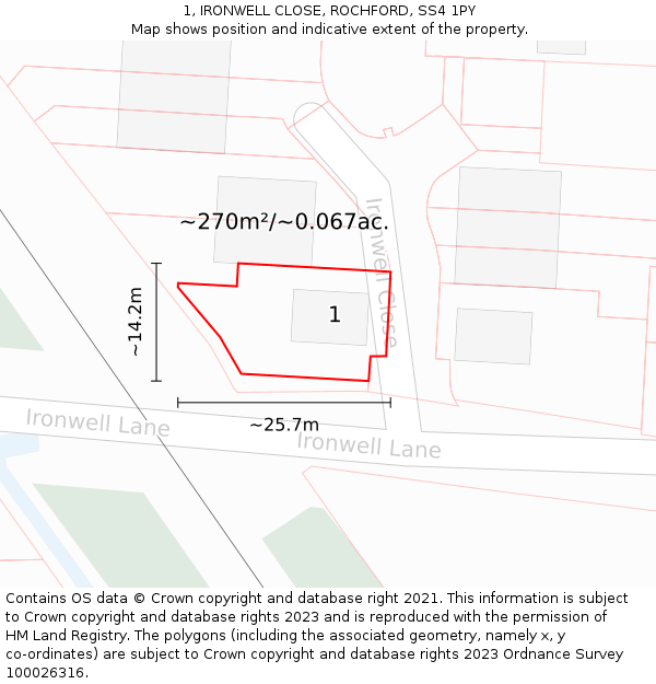 1, IRONWELL CLOSE, ROCHFORD, SS4 1PY: Plot and title map