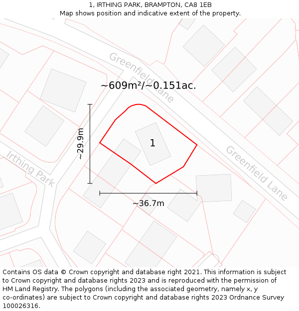 1, IRTHING PARK, BRAMPTON, CA8 1EB: Plot and title map