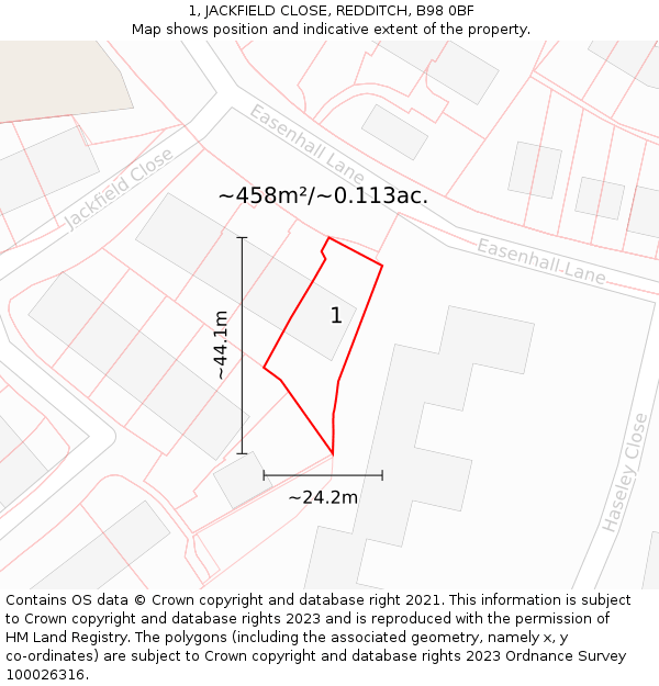 1, JACKFIELD CLOSE, REDDITCH, B98 0BF: Plot and title map