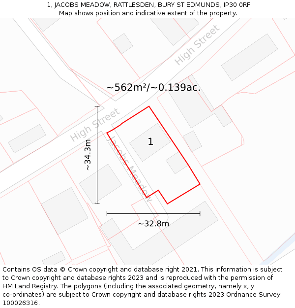 1, JACOBS MEADOW, RATTLESDEN, BURY ST EDMUNDS, IP30 0RF: Plot and title map