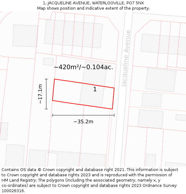 1, JACQUELINE AVENUE, WATERLOOVILLE, PO7 5NX: Plot and title map