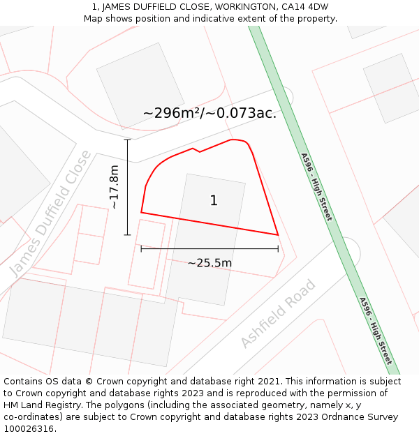 1, JAMES DUFFIELD CLOSE, WORKINGTON, CA14 4DW: Plot and title map