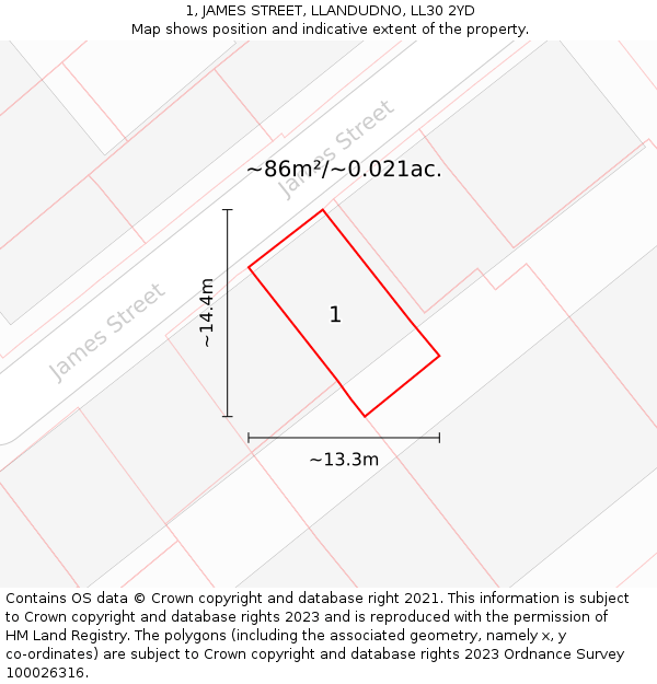 1, JAMES STREET, LLANDUDNO, LL30 2YD: Plot and title map