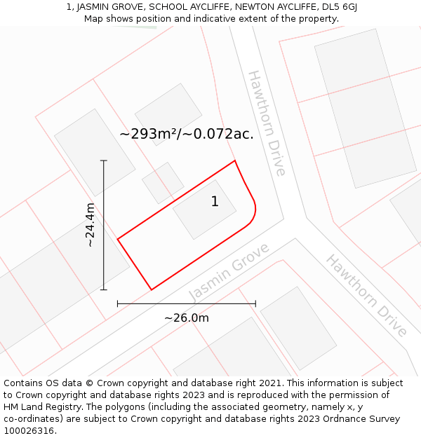 1, JASMIN GROVE, SCHOOL AYCLIFFE, NEWTON AYCLIFFE, DL5 6GJ: Plot and title map