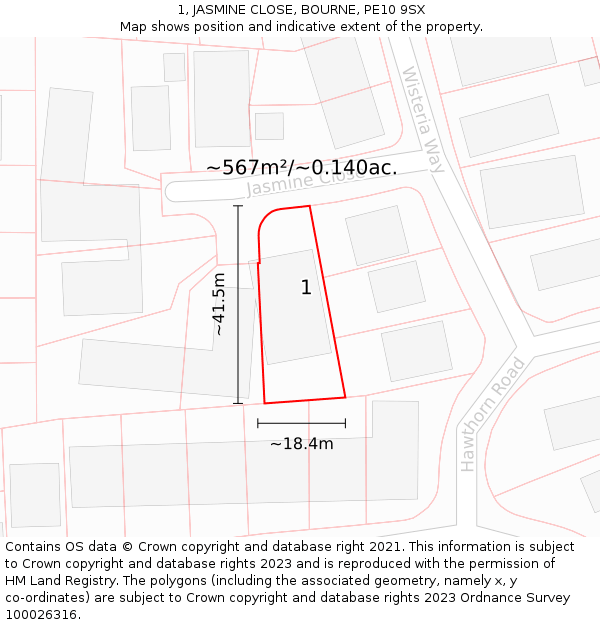 1, JASMINE CLOSE, BOURNE, PE10 9SX: Plot and title map