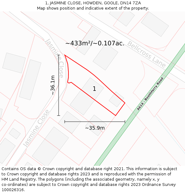 1, JASMINE CLOSE, HOWDEN, GOOLE, DN14 7ZA: Plot and title map