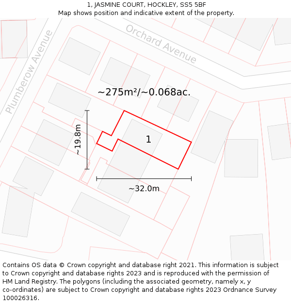 1, JASMINE COURT, HOCKLEY, SS5 5BF: Plot and title map