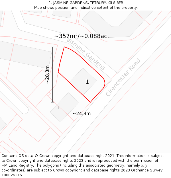 1, JASMINE GARDENS, TETBURY, GL8 8FR: Plot and title map