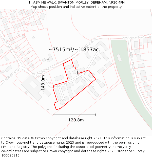 1, JASMINE WALK, SWANTON MORLEY, DEREHAM, NR20 4FN: Plot and title map