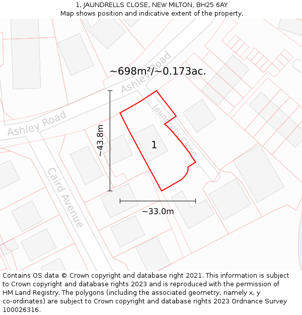 1, JAUNDRELLS CLOSE, NEW MILTON, BH25 6AY: Plot and title map