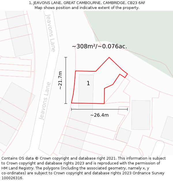 1, JEAVONS LANE, GREAT CAMBOURNE, CAMBRIDGE, CB23 6AF: Plot and title map