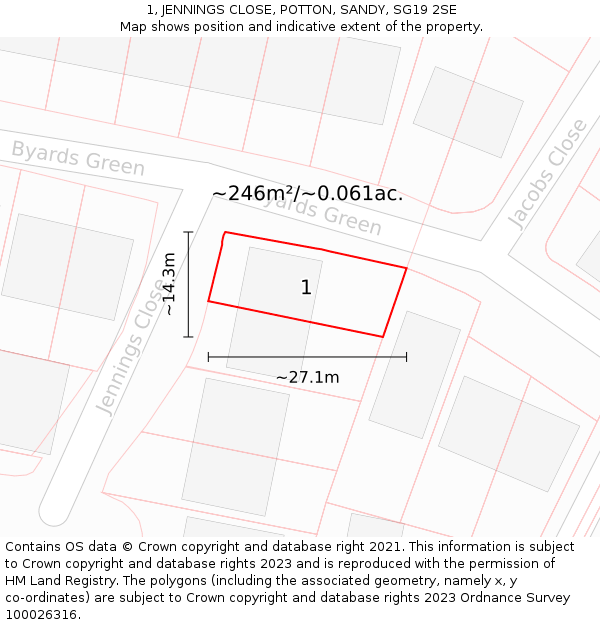 1, JENNINGS CLOSE, POTTON, SANDY, SG19 2SE: Plot and title map