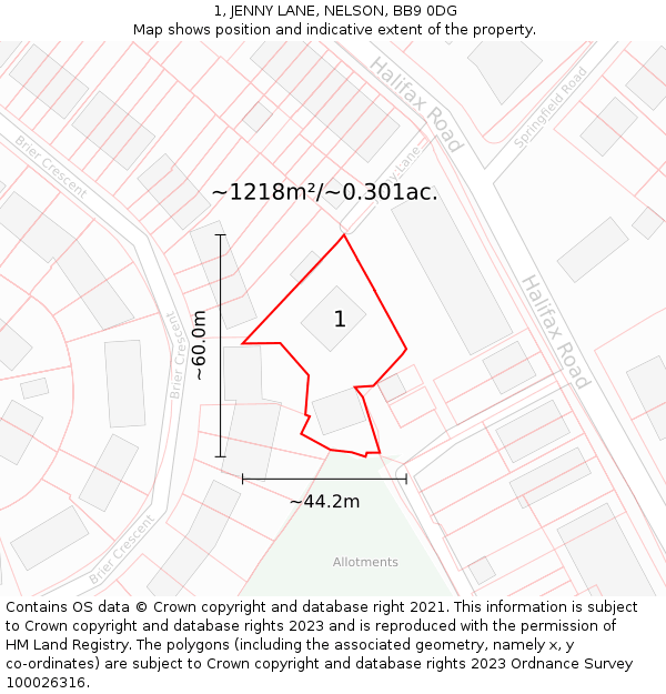1, JENNY LANE, NELSON, BB9 0DG: Plot and title map