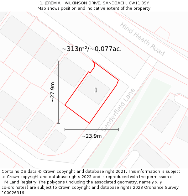 1, JEREMIAH WILKINSON DRIVE, SANDBACH, CW11 3SY: Plot and title map