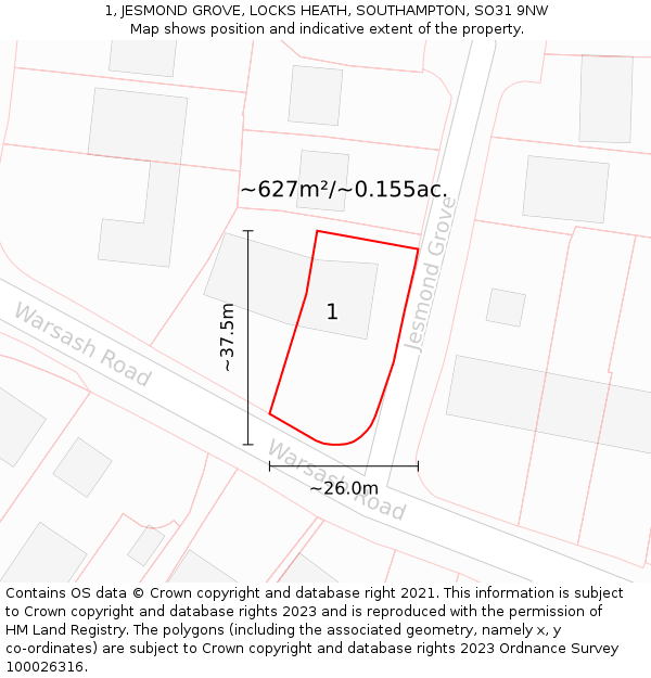 1, JESMOND GROVE, LOCKS HEATH, SOUTHAMPTON, SO31 9NW: Plot and title map