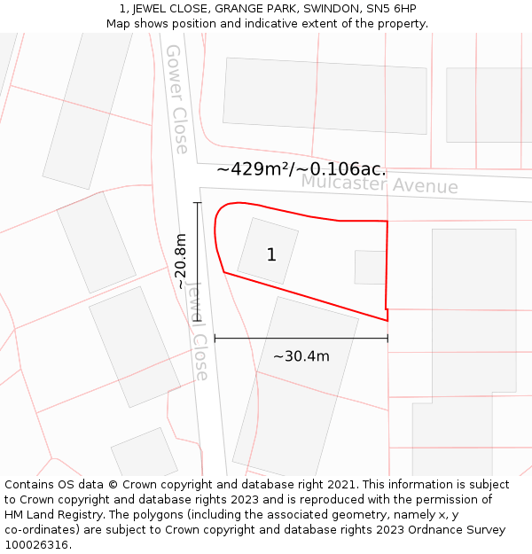1, JEWEL CLOSE, GRANGE PARK, SWINDON, SN5 6HP: Plot and title map