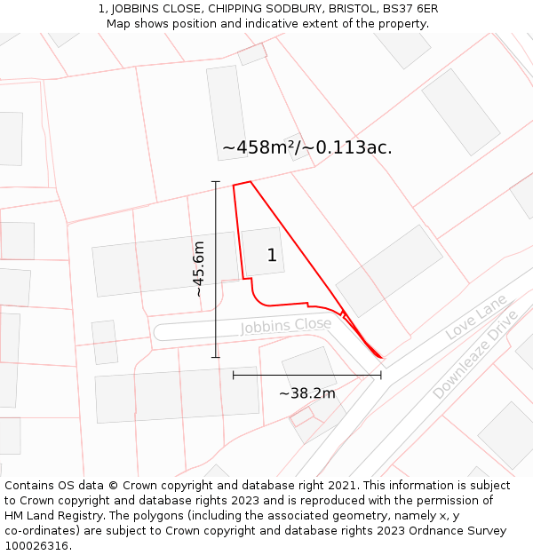 1, JOBBINS CLOSE, CHIPPING SODBURY, BRISTOL, BS37 6ER: Plot and title map