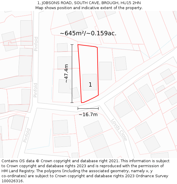 1, JOBSONS ROAD, SOUTH CAVE, BROUGH, HU15 2HN: Plot and title map