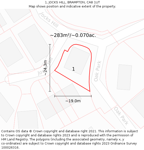 1, JOCKS HILL, BRAMPTON, CA8 1UT: Plot and title map