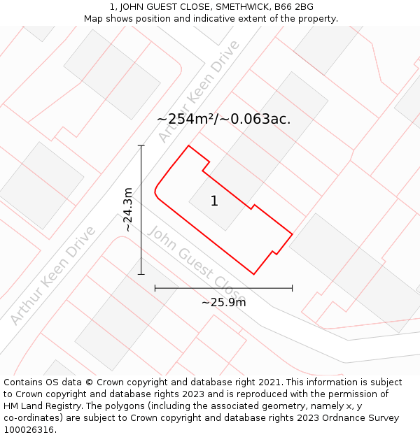 1, JOHN GUEST CLOSE, SMETHWICK, B66 2BG: Plot and title map