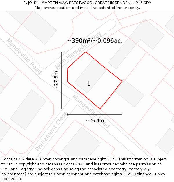 1, JOHN HAMPDEN WAY, PRESTWOOD, GREAT MISSENDEN, HP16 9DY: Plot and title map