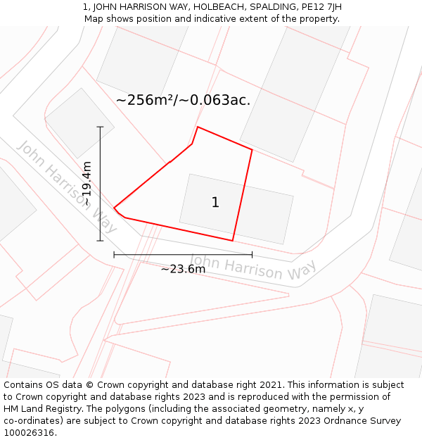 1, JOHN HARRISON WAY, HOLBEACH, SPALDING, PE12 7JH: Plot and title map