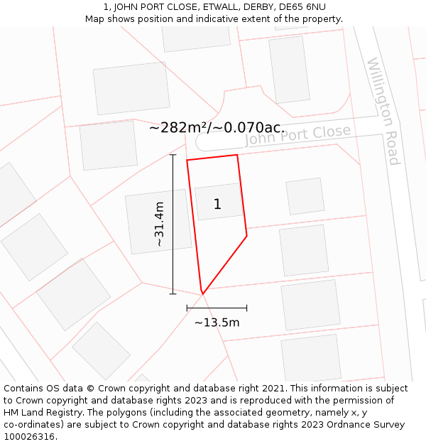 1, JOHN PORT CLOSE, ETWALL, DERBY, DE65 6NU: Plot and title map