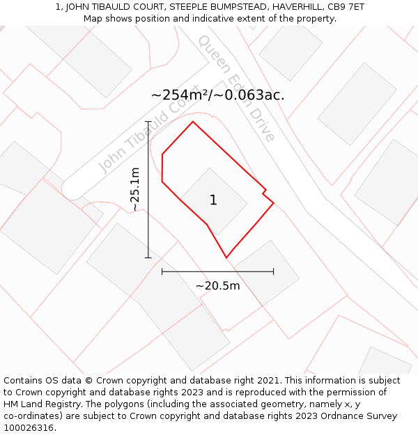 1, JOHN TIBAULD COURT, STEEPLE BUMPSTEAD, HAVERHILL, CB9 7ET: Plot and title map