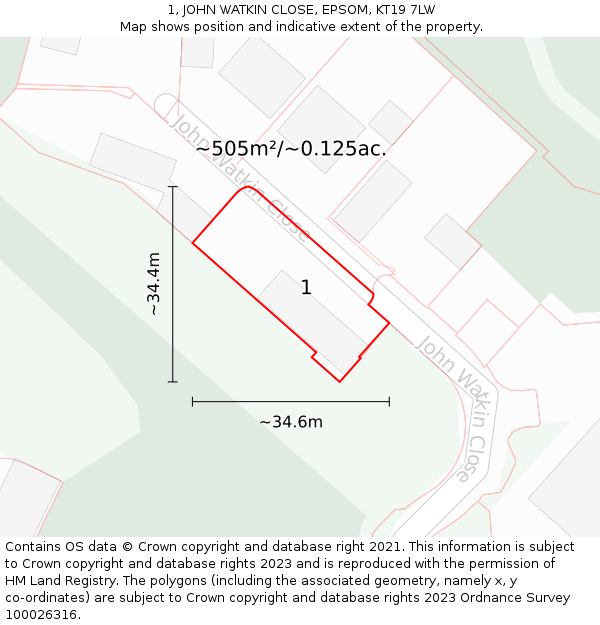 1, JOHN WATKIN CLOSE, EPSOM, KT19 7LW: Plot and title map