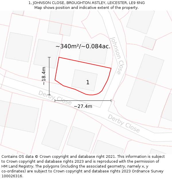 1, JOHNSON CLOSE, BROUGHTON ASTLEY, LEICESTER, LE9 6NG: Plot and title map