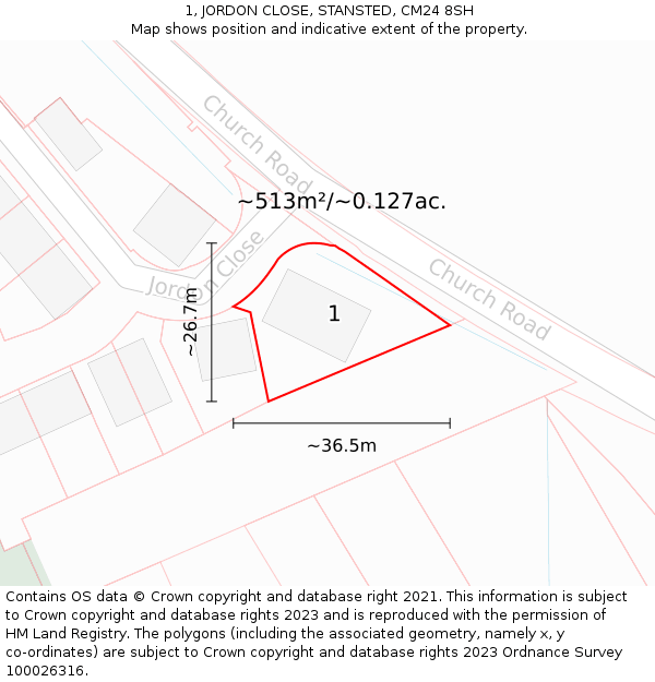 1, JORDON CLOSE, STANSTED, CM24 8SH: Plot and title map