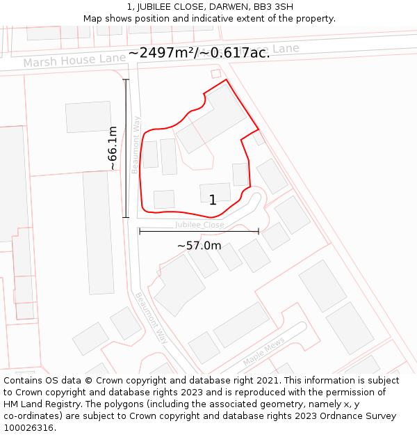 1, JUBILEE CLOSE, DARWEN, BB3 3SH: Plot and title map