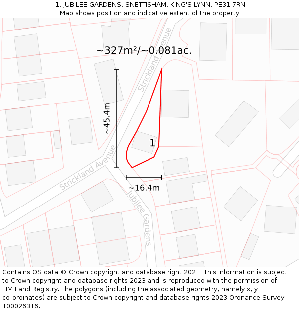 1, JUBILEE GARDENS, SNETTISHAM, KING'S LYNN, PE31 7RN: Plot and title map