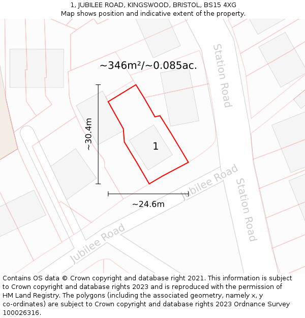 1, JUBILEE ROAD, KINGSWOOD, BRISTOL, BS15 4XG: Plot and title map