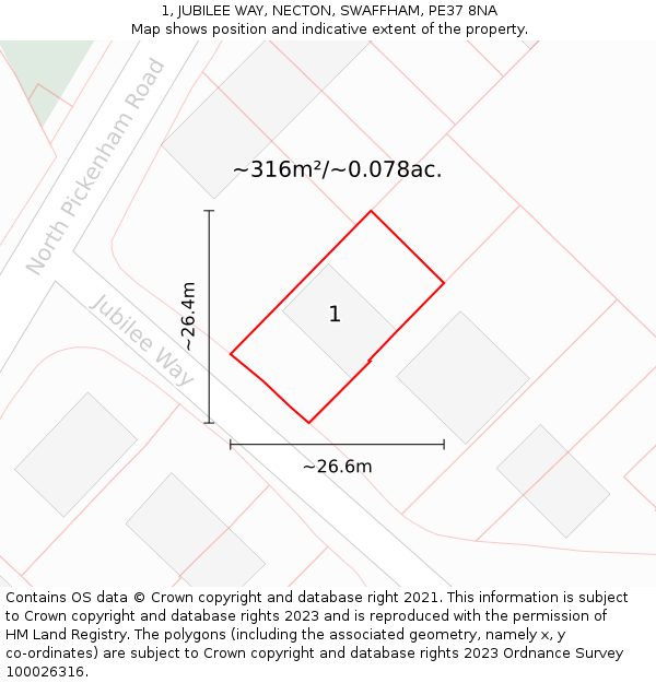 1, JUBILEE WAY, NECTON, SWAFFHAM, PE37 8NA: Plot and title map