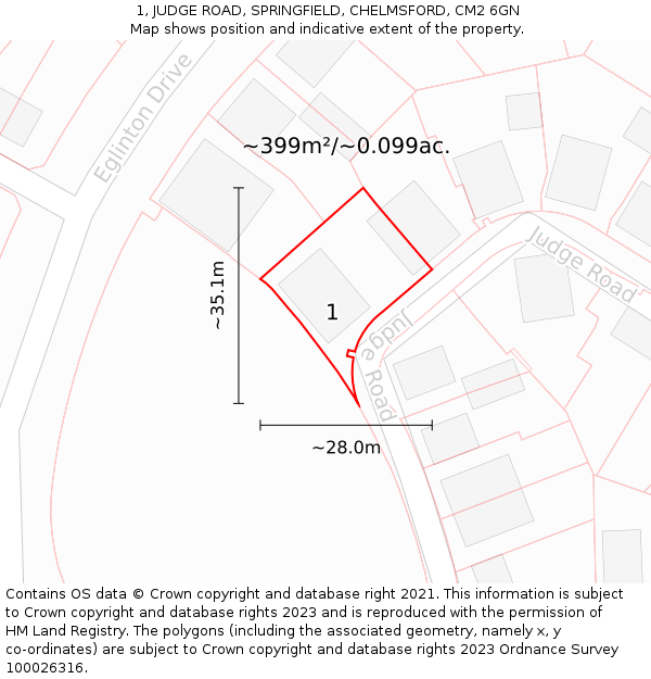 1, JUDGE ROAD, SPRINGFIELD, CHELMSFORD, CM2 6GN: Plot and title map