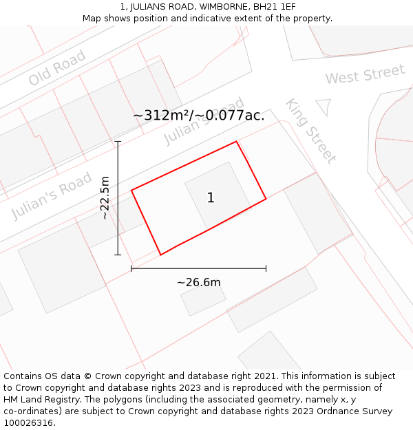 1, JULIANS ROAD, WIMBORNE, BH21 1EF: Plot and title map