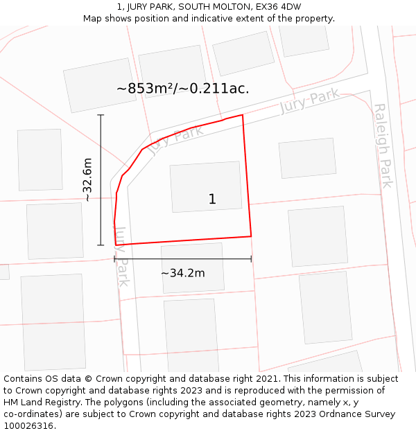 1, JURY PARK, SOUTH MOLTON, EX36 4DW: Plot and title map