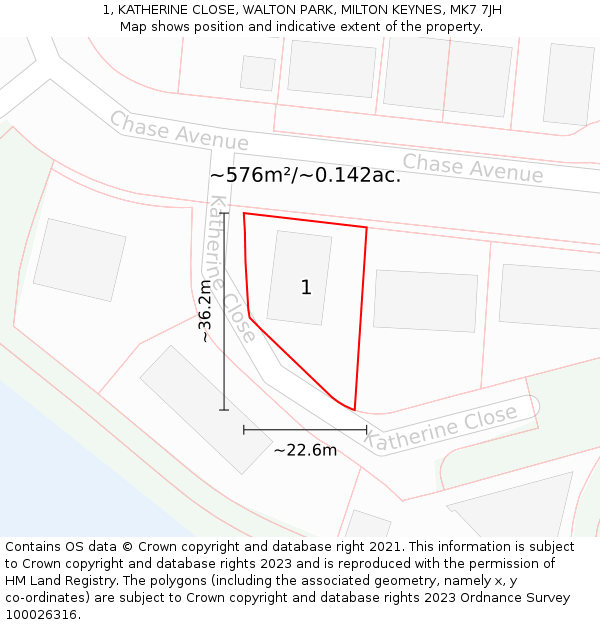 1, KATHERINE CLOSE, WALTON PARK, MILTON KEYNES, MK7 7JH: Plot and title map