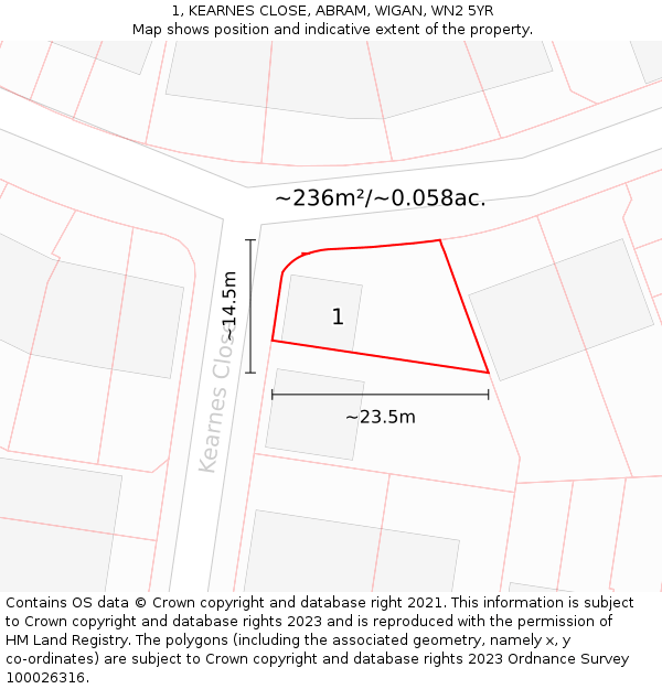 1, KEARNES CLOSE, ABRAM, WIGAN, WN2 5YR: Plot and title map