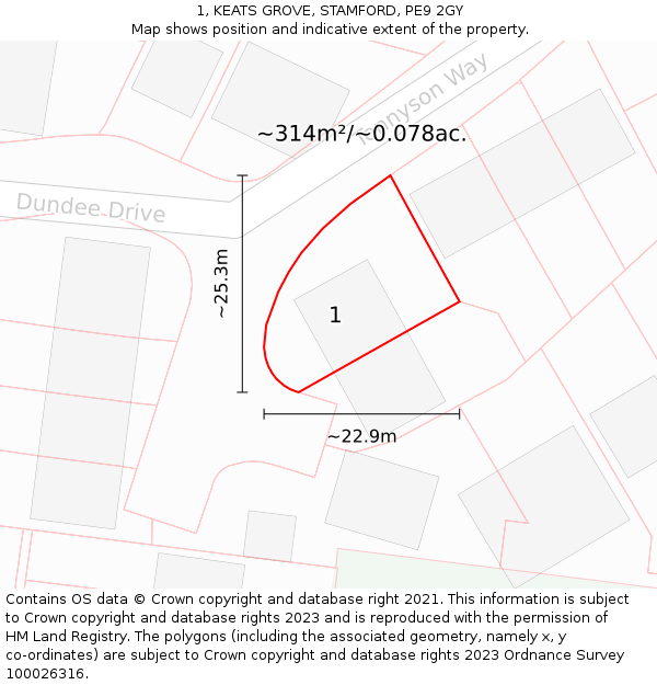 1, KEATS GROVE, STAMFORD, PE9 2GY: Plot and title map