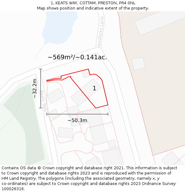 1, KEATS WAY, COTTAM, PRESTON, PR4 0NL: Plot and title map