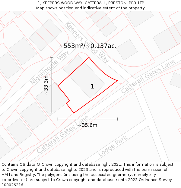 1, KEEPERS WOOD WAY, CATTERALL, PRESTON, PR3 1TP: Plot and title map